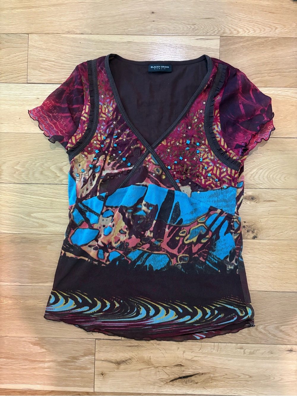 Women's V-Neck Embellished Mixed-Print Top in Burgundy & Turquoise